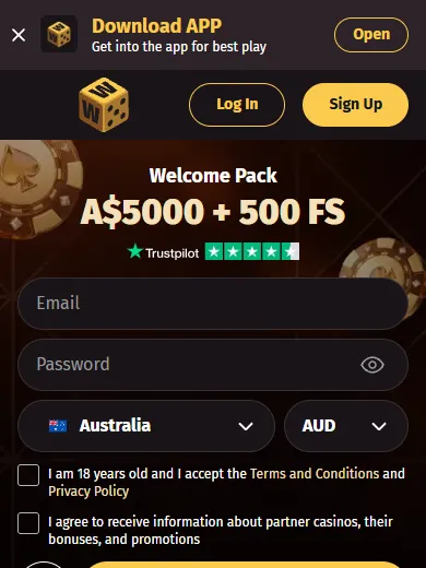Wanted Win login and sign up buttons on a mobile screen Wanted Win login and sign up buttons on a mobile screen