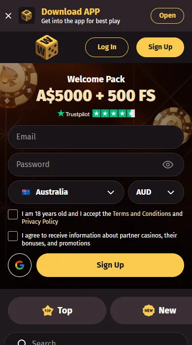 Wanted Win online on a phone screen with the welcome pack and sign-up buttons Wanted Win online on a phone screen with the welcome pack and sign-up buttons